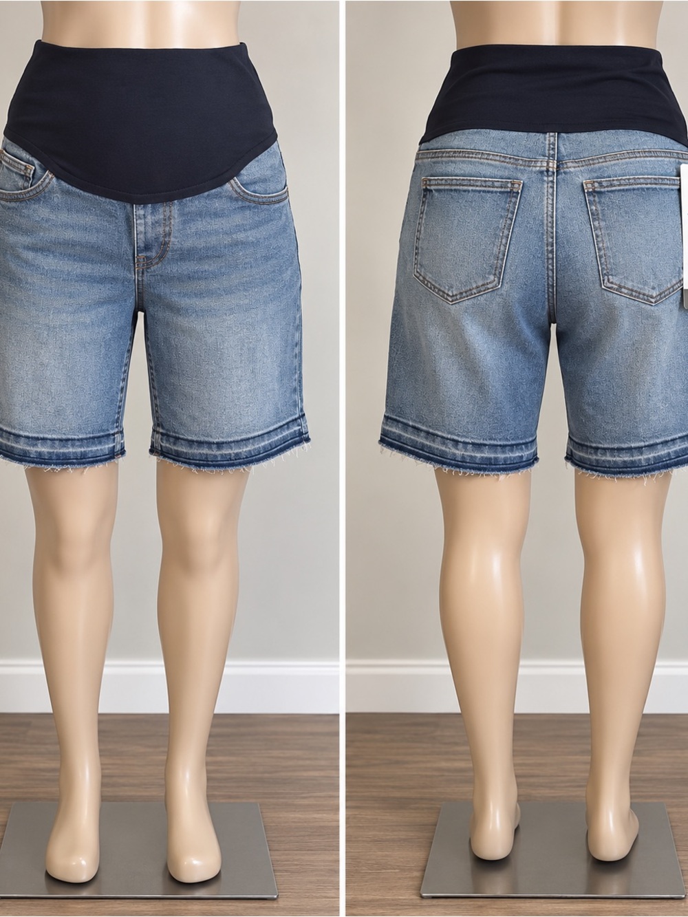 Time and Tru Light Blue Denim Maternity Shorts with Navy Panel